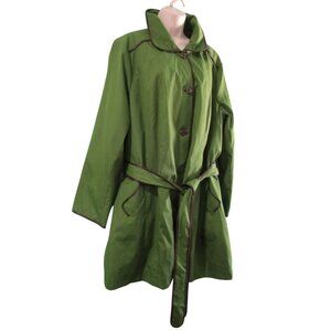 Dennis Basso Green A Line Trench Coat Brown Trim Zip Lining Ladies 2X NWT